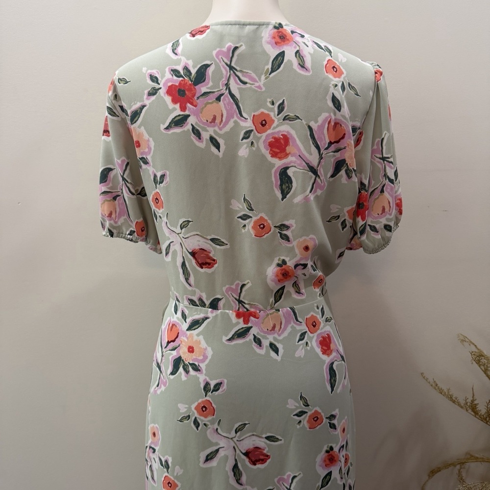 LC Lauren Conrad Size Large Sage Green Floral Faux-Wrap Midi Dress Cottagecore - Picture 7 of 15